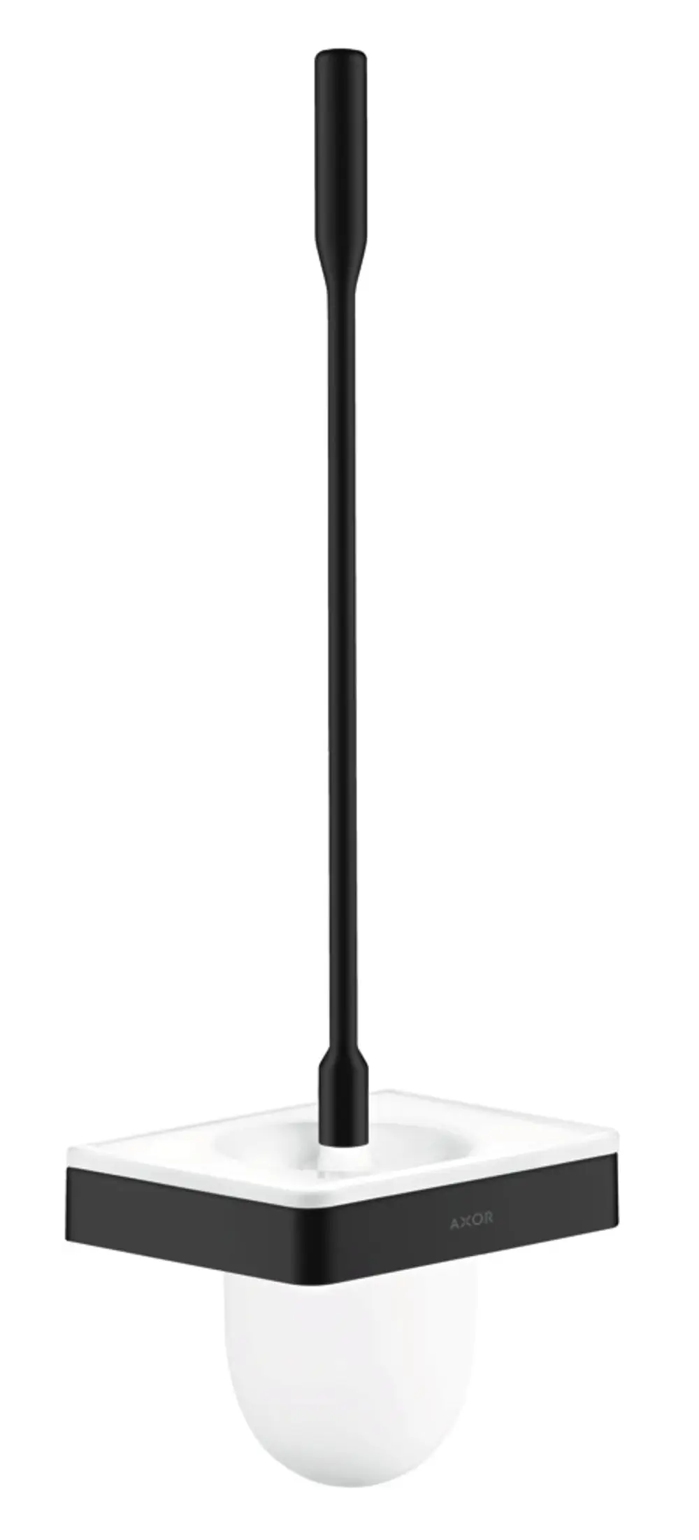 Toilettenbürstenhalter mit mattschwarzer Wandmontage, rechteckige Form und einer weißen Halterung aus Kunststoff, präsentiert von der Marke AXOR.